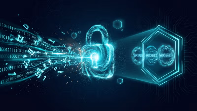 A glowing teal padlock being brute-forced by binary streams while a separate hexagonal vault protects a three-word phrase