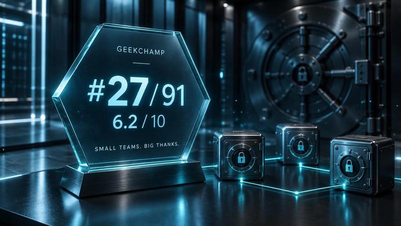 A teal glass GeekChamp plaque displaying number 27 of 91 and 6.2 out of 10 beside three connected miniature vaults