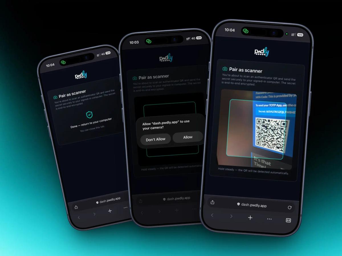 Three iPhone screens showing the Pair as Scanner flow on mobile: pairing prompt, camera permission, and successful capture of the service TOTP QR