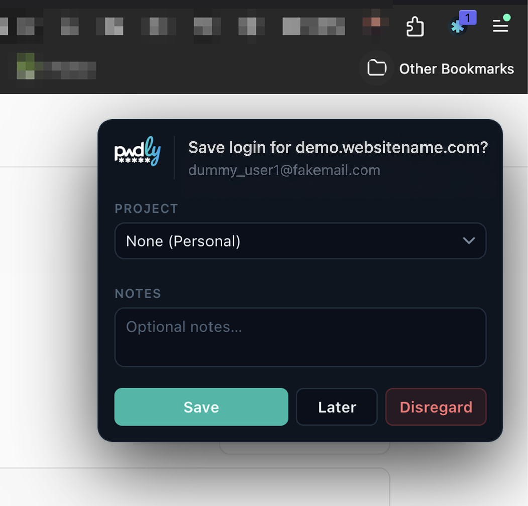Pwdly save-login popup with project selector and notes field