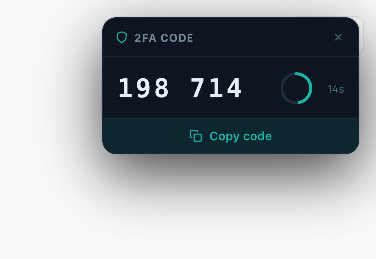 Pwdly extension 2FA TOTP code popup with countdown and copy button