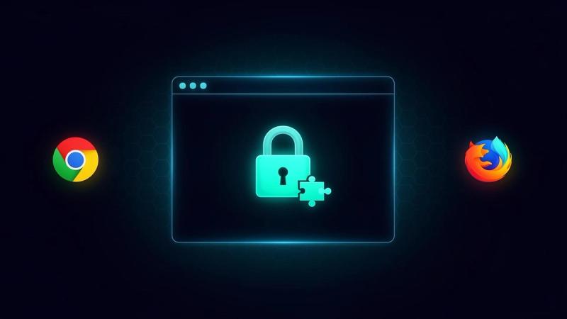 Glowing teal padlock inside a browser window with Chrome and Firefox icons on a dark navy background