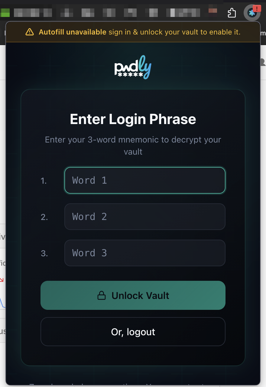 Pwdly extension unlock screen asking for the 3-word login phrase
