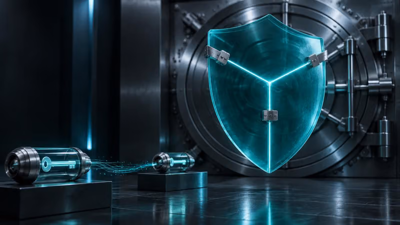 A translucent teal shield with three reinforced seams in front of a steel vault, beside sealed key capsules