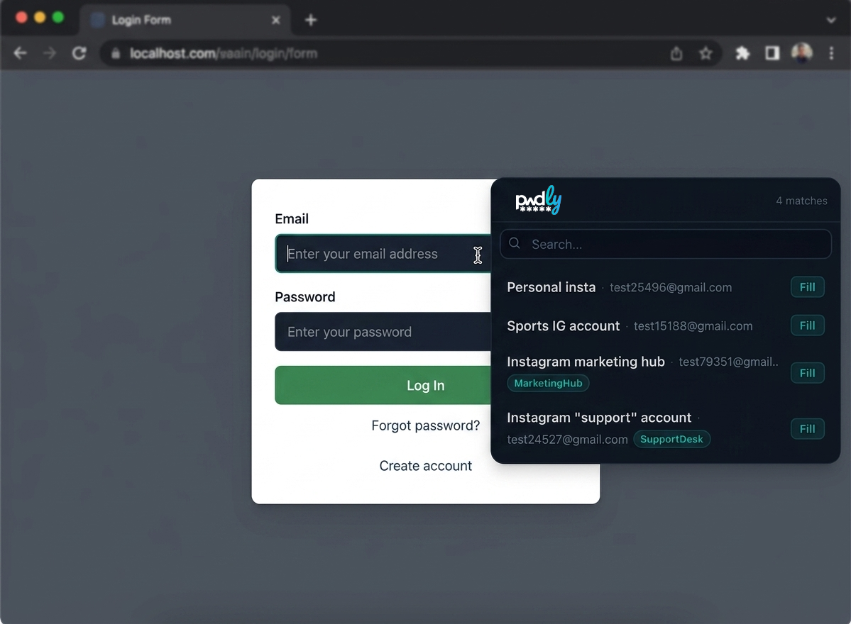 Pwdly autofill popup next to a login form showing four matched credentials with Fill buttons
