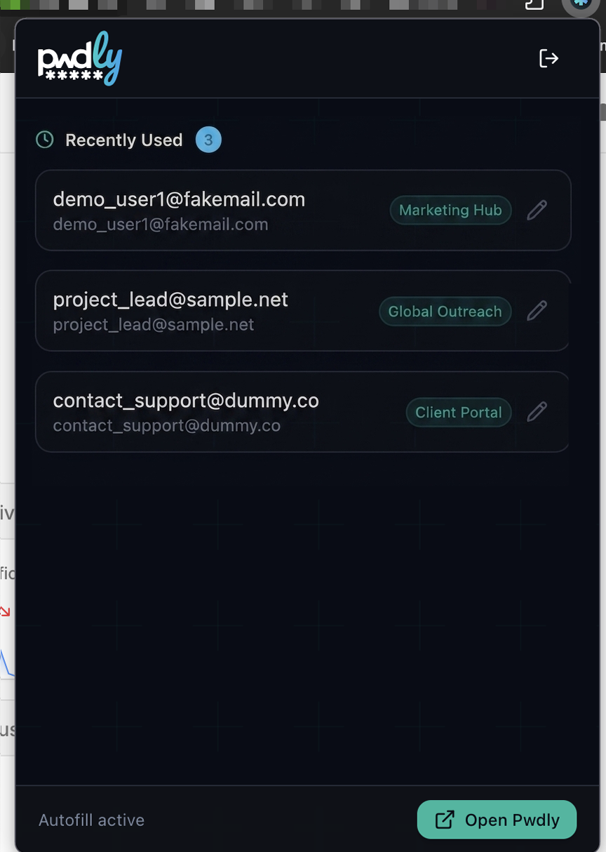 Pwdly extension Recently Used panel showing three credentials scoped to a site