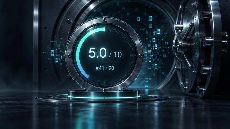 A glowing teal rating dial showing 5.0 out of 10 and number 41 of 90 beside a secure vault