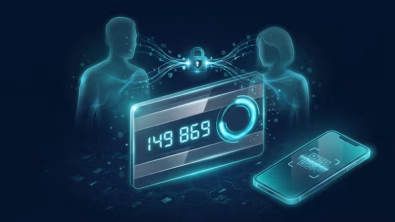 Shared TOTP code on a Pwdly credential card, with two teammates connected by encrypted streams and a phone in scanner mode
