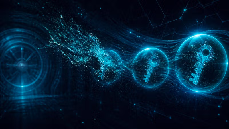 Three glowing teal keys suspended in dark space, one dissolving into particles drifting toward a distant vault