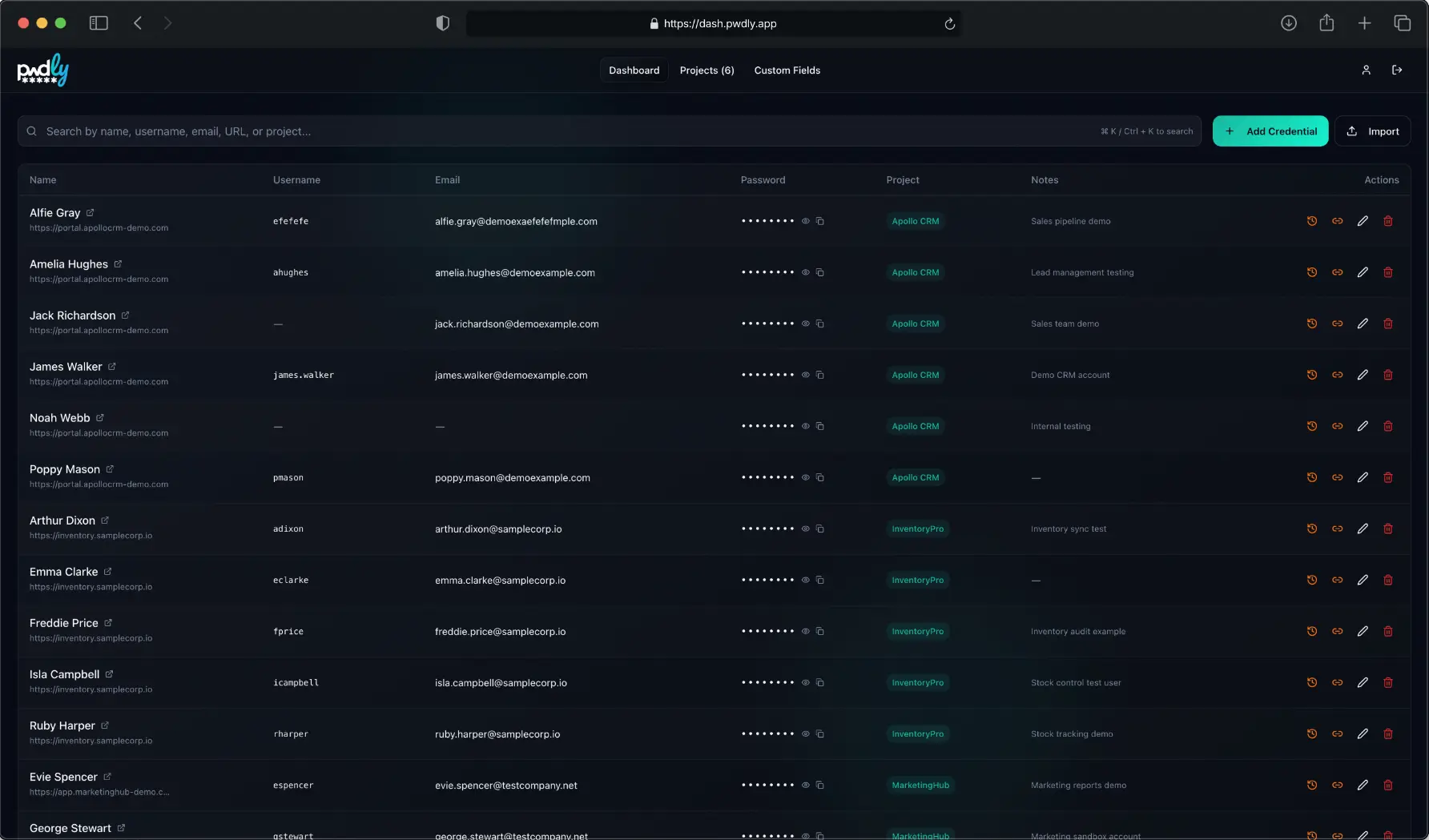 Pwdly dashboard showing encrypted credentials