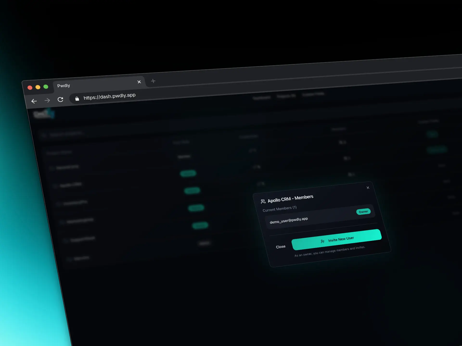 Pwdly invite member modal for adding a teammate to a project