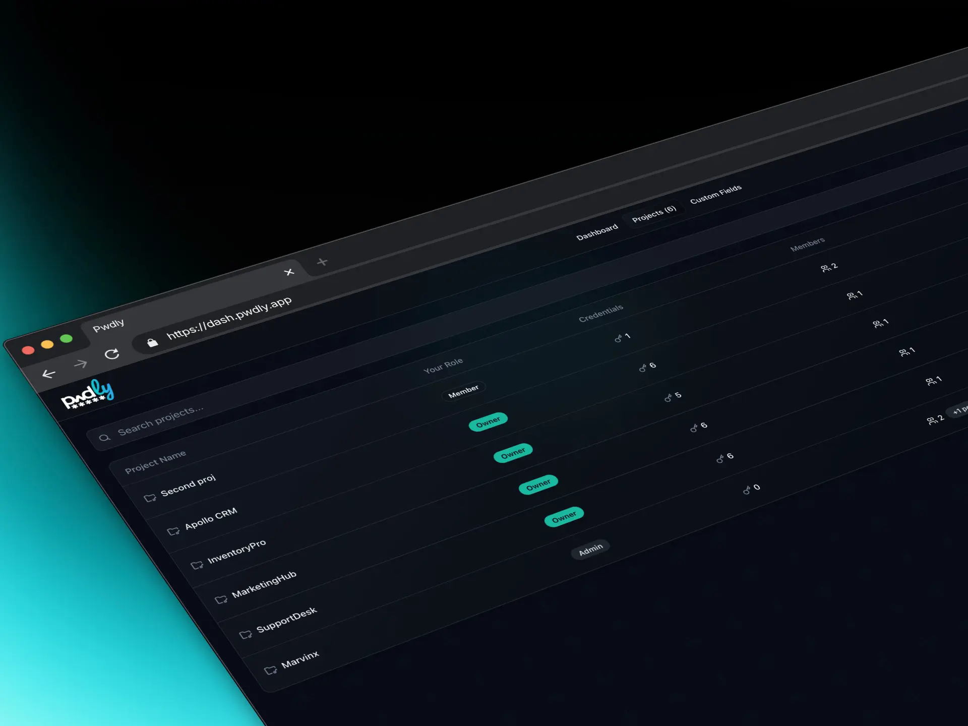 Pwdly projects list showing multiple encrypted project silos